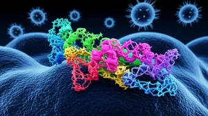Visualizzazione artistica e scientifica dell'interazione tra la proteina PTTG1 (struttura molecolare dettagliata in primo piano, colori vivaci per evidenziarla) e le cellule del cancro ovarico epiteliale sullo sfondo (aspetto morfologico tipico, colori più tenui). Macrofagi M2 stilizzati, con recettori specifici visibili, infiltrano il microambiente tumorale. Utilizzare un obiettivo prime da 35mm, con effetto profondità di campo per mettere a fuoco PTTG1. Tonalità duotone blu scuro e magenta per un impatto visivo forte e moderno, evocando complessità biologica e ricerca avanzata.