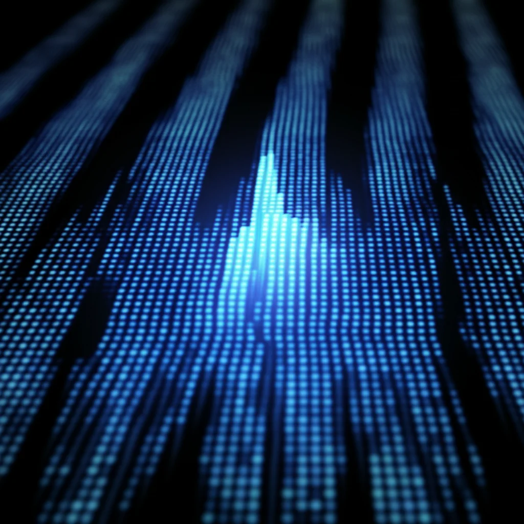 Visualizzazione astratta e high-tech di una libreria spettrale proteica ricombinante, con picchi di dati luminosi su uno sfondo scuro che simboleggiano l'identificazione di proteine a bassa abbondanza. Macro lens, 90mm, illuminazione da studio controllata per dettagli nitidi, evocando precisione scientifica e innovazione tecnologica.