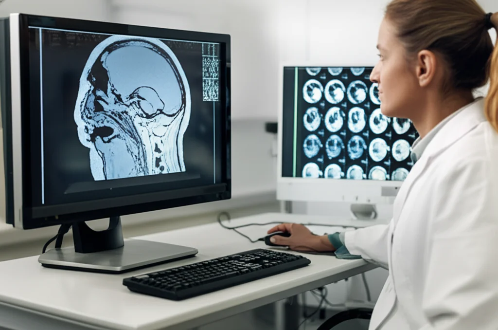 A radiologist examining MRI scans on a monitor, focusing on neck anatomy. Use case: People (portraits), Lens type: Zoom, Focal lengths: 35mm, Additional details: Precise focusing, controlled lighting, subtle depth of field.