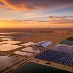 Fotografia paesaggistica, obiettivo grandangolare 12mm, vista aerea dell'ecovillaggio di Ferdaws nel deserto egiziano al tramonto, con pannelli solari scintillanti, serre agricole e laghetti per l'acquaponica, che mostra l'integrazione armonica tra tecnologia e natura, lunga esposizione per cieli suggestivi e acqua liscia.