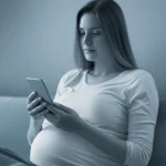 Fotografia ritratto (obiettivo 35mm) di una donna incinta che guarda pensierosa lo schermo di uno smartphone, mostrando feed di social media. Effetto profondità di campo che sfoca lo sfondo, illuminazione morbida, toni duotone blu e grigio per trasmettere serietà e tecnologia.