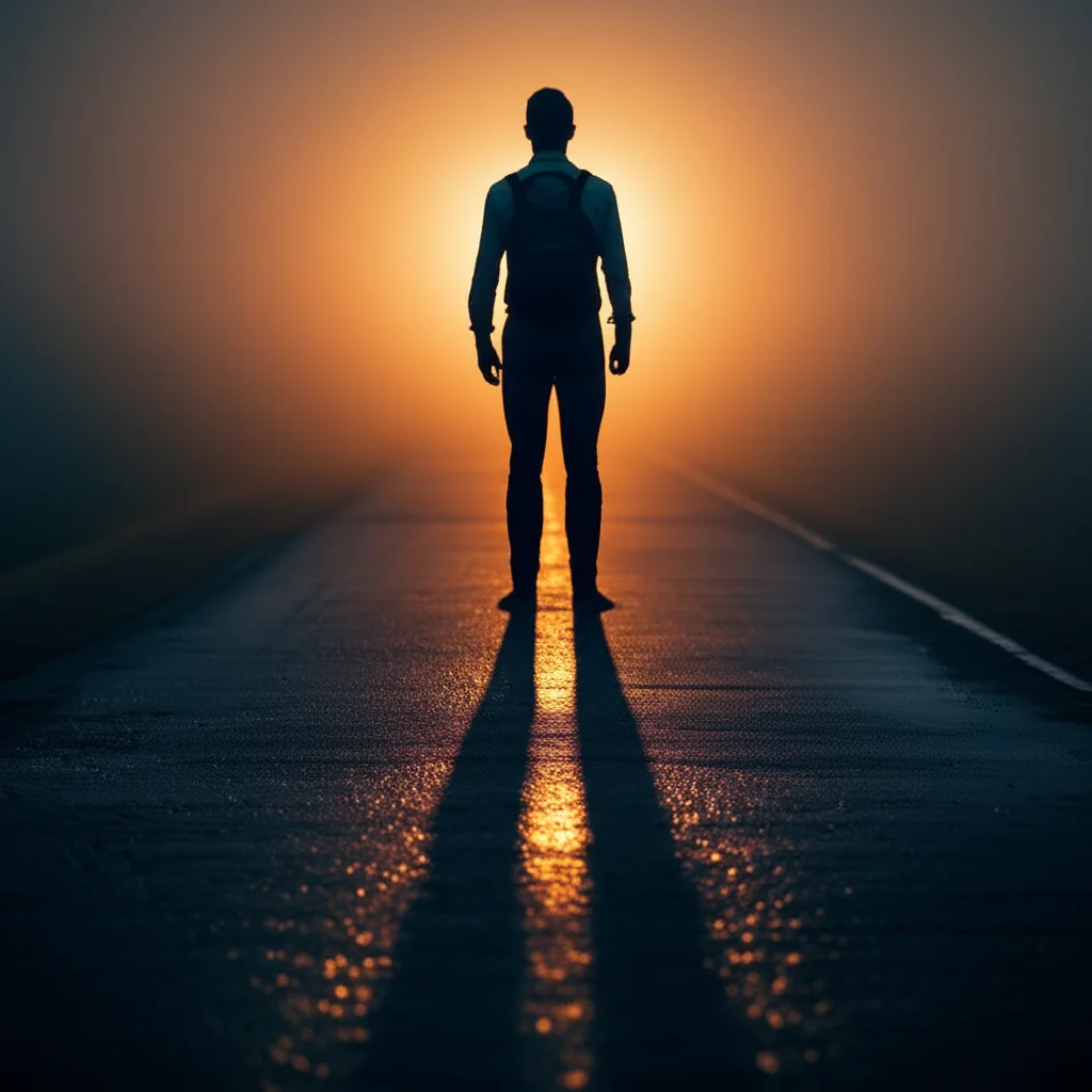 Immagine concettuale che rappresenta la lotta interiore e la forza di volontà. Un uomo stilizzato in piedi di fronte a un bivio illuminato, uno verso una luce calda e invitante (tentazione) e l'altro verso un sentiero più arduo ma virtuoso (obiettivo a lungo termine). Stile fotorealistico, con profondità di campo, illuminazione drammatica, duotone blu e arancione per accentuare il conflitto. Prime lens, 35mm.