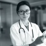 Immagine concettuale che rappresenta un'infermiera cinese pensierosa di fronte a un grafico che mostra dati sulla produttività, con lo sfondo di un ospedale moderno. Prime lens, 35mm, film noir per un tocco di serietà e introspezione, profondità di campo.