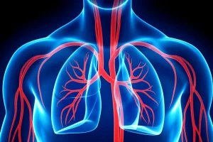 Immagine concettuale di polmoni umani luminosi con vasi sanguigni sani che si diramano, wide-angle 24mm, sharp focus, a simboleggiare la speranza e il miglioramento della sopravvivenza nell'ipertensione arteriosa polmonare grazie a nuove terapie come selexipag.