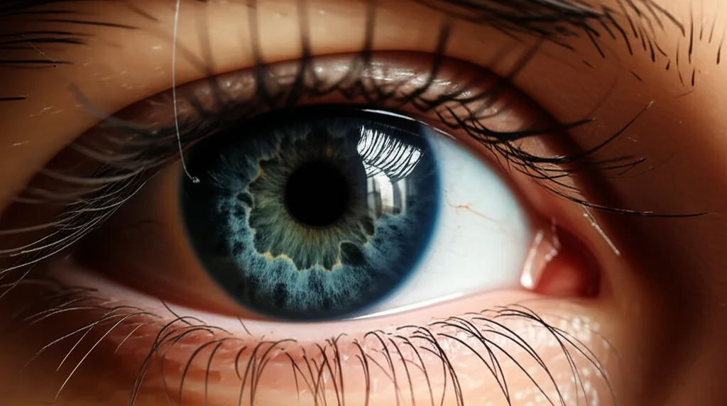 Immagine concettuale fotorealistica che mostra un occhio umano che guarda un quadro complesso, con linee di fissazione che convergono su un dettaglio centrale dove la forma appare chiara, mentre la periferia dell'immagine appare leggermente sfocata o distorta per rappresentare la visione periferica. Profondità di campo accentuata, obiettivo 50mm, illuminazione da galleria d'arte.