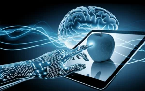 Immagine concettuale fotorealistica: una mano umana stilizzata, composta da circuiti luminosi blu e bianchi, che 'tocca' un oggetto virtuale (come una mela o una chiave) su uno schermo tablet scuro, generando onde neurali visibili che viaggiano verso un cervello semi-trasparente sullo sfondo. Obiettivo prime 35mm, profondità di campo ridotta che sfoca lo sfondo, illuminazione drammatica laterale.