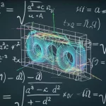 Immagine fotorealistica concettuale che mostra una sovrapposizione: da un lato, equazioni matematiche complesse della teoria dell'elasticità scritte su una lavagna virtuale luminosa; dall'altro, un modello 3D trasparente di un componente ingegneristico che mostra vivide frange isocromatiche colorate sotto carico. Le due immagini si fondono al centro. Prime lens, 50mm, depth of field, illuminazione drammatica.