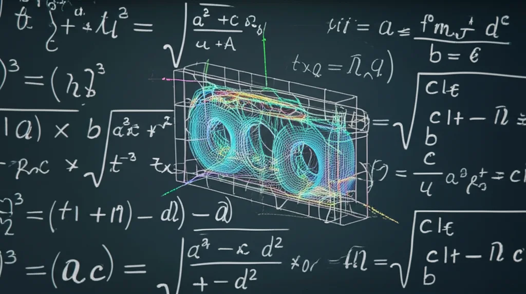 Immagine fotorealistica concettuale che mostra una sovrapposizione: da un lato, equazioni matematiche complesse della teoria dell'elasticità scritte su una lavagna virtuale luminosa; dall'altro, un modello 3D trasparente di un componente ingegneristico che mostra vivide frange isocromatiche colorate sotto carico. Le due immagini si fondono al centro. Prime lens, 50mm, depth of field, illuminazione drammatica.