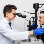 Immagine fotorealistica di un oftalmologo che esamina attentamente la retina di un paziente palestinese utilizzando un'apparecchiatura oftalmica avanzata in una clinica moderna e ben illuminata. Obiettivo macro da 100mm, alta definizione, illuminazione controllata per enfatizzare la precisione della diagnosi.