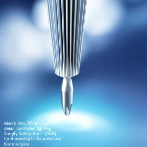 Macro lens, 80mm, high detail, controlled lighting: A close-up view of the innovative Surgify Safety Burr (SSB) tip, showcasing its unique design for precision bone surgery.