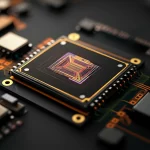Un chip fotonico integrato monoliticamente, macro lens, 80mm, che mostra percorsi di luce incandescente che si intersecano sulla sua superficie, high detail, precise focusing, controlled lighting, emanando un'aura di tecnologia avanzata e innovazione nel calcolo ottico.