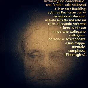 Un'immagine concettuale che fonde i volti stilizzati di Kenneth Boulding e James Buchanan con una rappresentazione astratta di una rete di scambi volontari (linee luminose che collegano persone diverse) sovrapposta a una mappa mentale complessa (l'Immagine). Stile duotone, blu e oro, profondità di campo, 35mm lens.