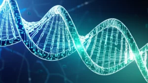 Un'immagine concettuale che fonde una doppia elica di DNA stilizzata con circuiti digitali luminosi e interconnessi, a simboleggiare l'integrazione tra genetica e machine learning nella ricerca sul cancro colon-rettale. Illuminazione controllata, obiettivo macro 90mm per dettagli nitidi sull'intersezione tra biologia e tecnologia, con un leggero effetto 'depth of field' e una palette di colori blu e verde acqua per un look moderno e scientifico.