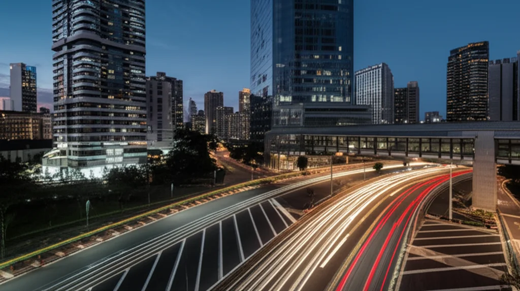 Visione aerea futuristica di una smart city al crepuscolo, con percorsi luminosi che indicano le rotte ottimizzate dei camion della spazzatura 'intelligenti' tra grattacieli illuminati e infrastrutture moderne, fotografia grandangolare 14mm, esposizione lunga per scie luminose, focus nitido sull'intera scena.