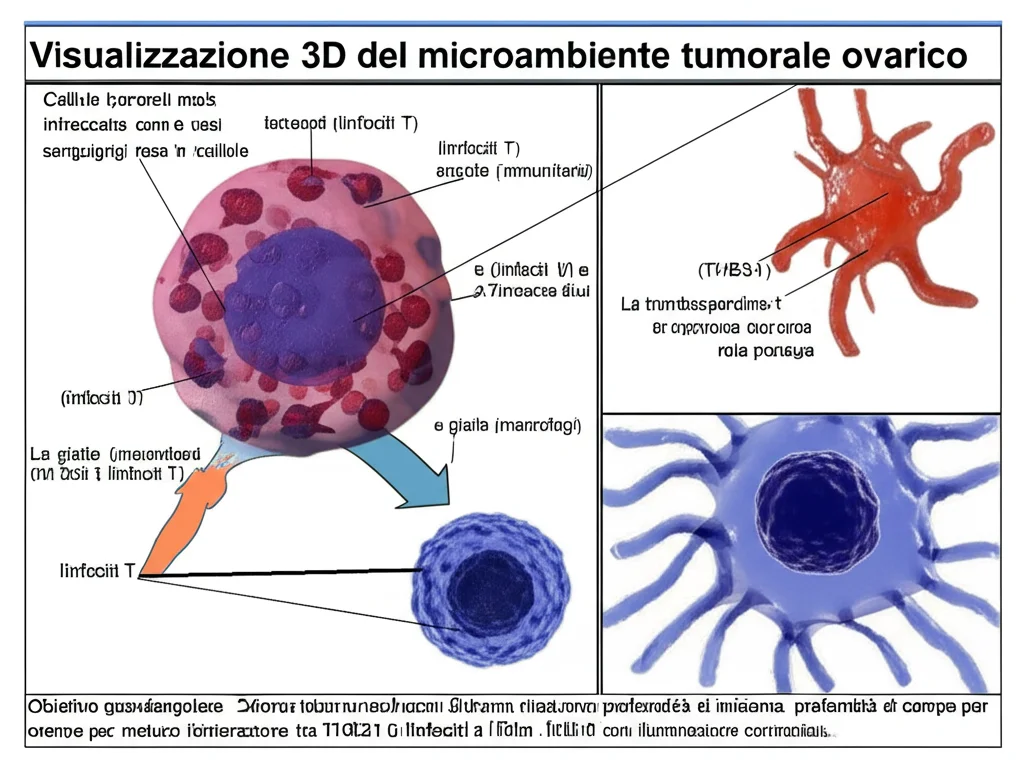 Visualizzazione 3D del microambiente tumorale ovarico. Cellule tumorali rosa intrecciate con vasi sanguigni rossi e cellule immunitarie blu (linfociti T) e gialle (macrofagi). La trombospondina-1 (THBS1) è rappresentata come una rete proteica grigia che avvolge e sopprime i linfociti T. Obiettivo grandangolare 24mm per una visione d'insieme, profondità di campo per mettere a fuoco l'interazione tra THBS1 e linfociti, stile film noir con illuminazione contrastata.
