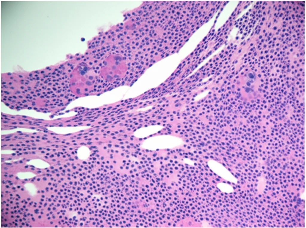 Visualizzazione microscopica ad alta risoluzione di tessuto epatico di ratto, con focus su epatociti sani accanto ad aree con danno indotto da doxorubicina (degenerazione balloniforme e necrosi) parzialmente protette dall'alamandina, illuminazione da laboratorio controllata, obiettivo macro 60mm.