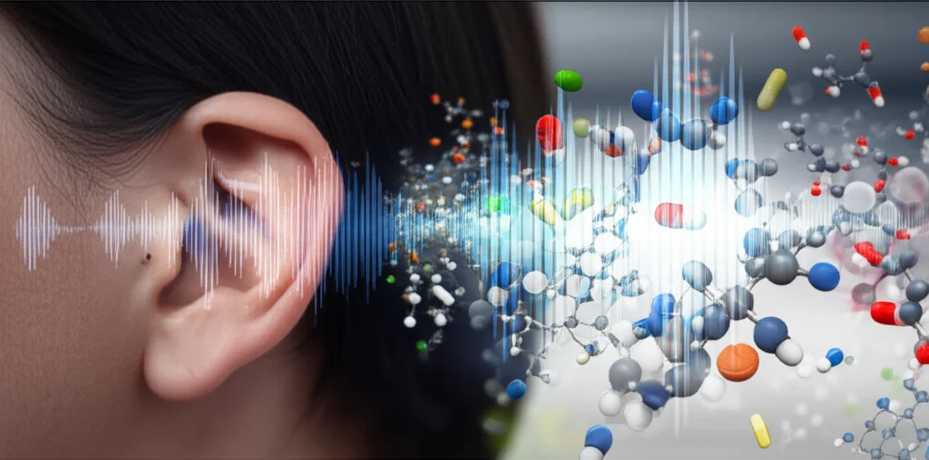 Wide-angle, 24mm, depth of field, showing a conceptual image of sound waves entering an ear, transitioning into abstract representations of molecular structures and drug compounds, suggesting the link between hearing, molecular biology, and drug discovery.