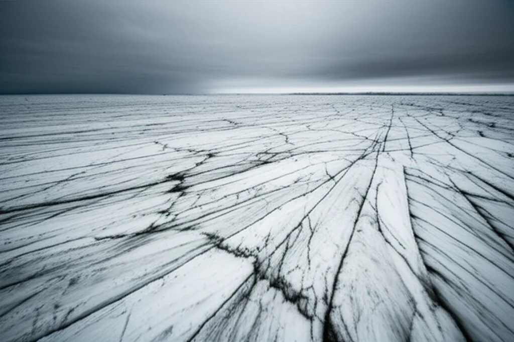 Wide-angle landscape, 15mm, vista espansiva di una banchisa di ghiaccio marino artico con strati e texture visibili, alcune aree mostrano macchie più scure indicative di sedimenti o contaminanti intrappolati, sotto un cielo freddo e drammatico, lunga esposizione per acqua liscia attorno alla banchisa, messa a fuoco nitida sui dettagli del ghiaccio.