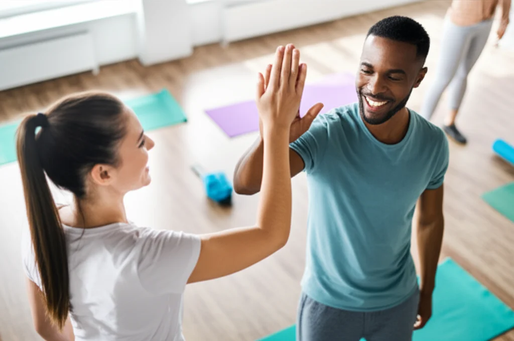 Due persone, un uomo e una donna, che si danno il cinque o si stringono la mano con un sorriso, in un contesto che suggerisce un gruppo di mindfulness, forse una sala con tappetini da yoga. L'immagine trasmette supporto e cameratismo. Prime lens, 35mm, depth of field, colori vivaci ma naturali, luce diffusa.