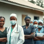 Fotografia di ritratto di un gruppo diversificato di operatori sanitari ghanesi (medici e infermieri) che si trovano insieme fuori da un modesto edificio clinico nel distretto di Adansi-North. Alcuni sembrano resilienti, altri premurosi, riflettendo l'impatto psicologico della quarantena di Marburg. Usa una lente primaria da 35 mm, la luce naturale nel tardo pomeriggio creando ombre morbide, profondità di campo che sfoca leggermente lo sfondo. Effetto duotone usando il verde e il marrone silenzioso.