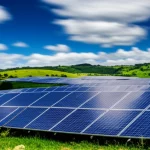 Fotografia panoramica di un vasto impianto fotovoltaico utility-scale che si estende su dolci colline verdeggianti sotto un cielo azzurro brillante, tipico del paesaggio del Camerun meridionale, landscape wide angle 10mm, sharp focus, long exposure per nuvole leggermente mosse, luce solare intensa che riflette sui pannelli.