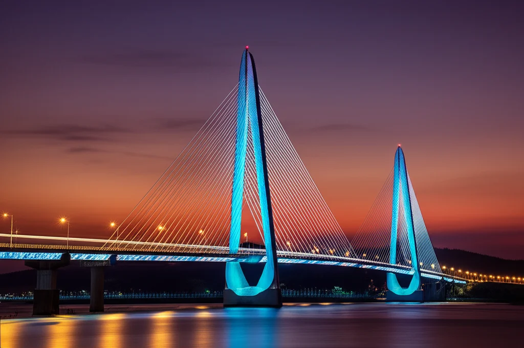 Immagine artistica di un ponte ferroviario moderno al tramonto, con sottili linee luminose che emanano dalla struttura del ponte a simboleggiare l'energia piezoelettrica raccolta dalle vibrazioni dei treni che lo percorrono. Telephoto zoom, 200mm, long exposure per catturare scie luminose, sharp focus sui dettagli architettonici del ponte, cielo con colori caldi.