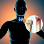 Immagine concettuale che illustra la connessione tra la ghiandola tiroidea e la salute delle ossa. Una silhouette umana con la tiroide evidenziata in blu brillante e un ingrandimento della struttura ossea, con un osso sano e uno osteoporotico a confronto, illuminazione da studio, obiettivo prime 50mm, profondità di campo per mettere a fuoco la tiroide e l'osso, con colori a contrasto come blu e arancione per un effetto duotone.