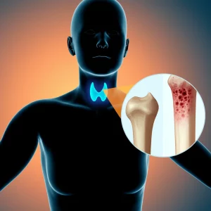 Immagine concettuale che illustra la connessione tra la ghiandola tiroidea e la salute delle ossa. Una silhouette umana con la tiroide evidenziata in blu brillante e un ingrandimento della struttura ossea, con un osso sano e uno osteoporotico a confronto, illuminazione da studio, obiettivo prime 50mm, profondità di campo per mettere a fuoco la tiroide e l'osso, con colori a contrasto come blu e arancione per un effetto duotone.