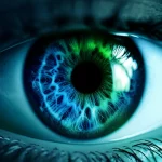 Immagine concettuale che mostra un occhio umano dettagliato con sovrapposte onde grafiche rappresentanti i potenziali evocati visivi (PVEP) e una sezione trasversale stilizzata della retina come vista dalla tomografia a coerenza ottica (OCT). Sfondo tecnologico astratto con tonalità blu e verdi. Prime lens, 35mm, depth of field, duotone blu e verde, per simboleggiare l'integrazione di SS-OCT e PVEP nella diagnosi dell'adrenoleucodistrofia.