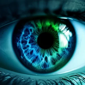 Immagine concettuale che mostra un occhio umano dettagliato con sovrapposte onde grafiche rappresentanti i potenziali evocati visivi (PVEP) e una sezione trasversale stilizzata della retina come vista dalla tomografia a coerenza ottica (OCT). Sfondo tecnologico astratto con tonalità blu e verdi. Prime lens, 35mm, depth of field, duotone blu e verde, per simboleggiare l'integrazione di SS-OCT e PVEP nella diagnosi dell'adrenoleucodistrofia.
