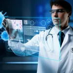Immagine concettuale high-tech di un medico che analizza dati genomici complessi e livelli di ctDNA su uno schermo trasparente futuristico, sovrapposta a un'immagine stilizzata di cellule tumorali al seno, illuminazione drammatica, lente 35mm.