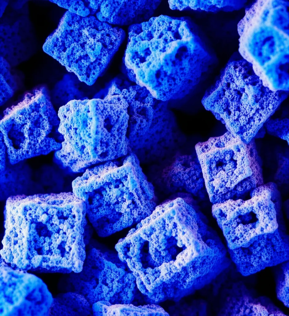 Immagine macro di cristalli di zeolite porosi e bianchi che assorbono un colorante blu intenso da una soluzione acquosa, illuminazione drammatica laterale per esaltare la texture porosa della zeolite e il contrasto con il liquido colorato, obiettivo macro 90mm, alta definizione, focus selettivo sui cristalli in interazione con il colorante.