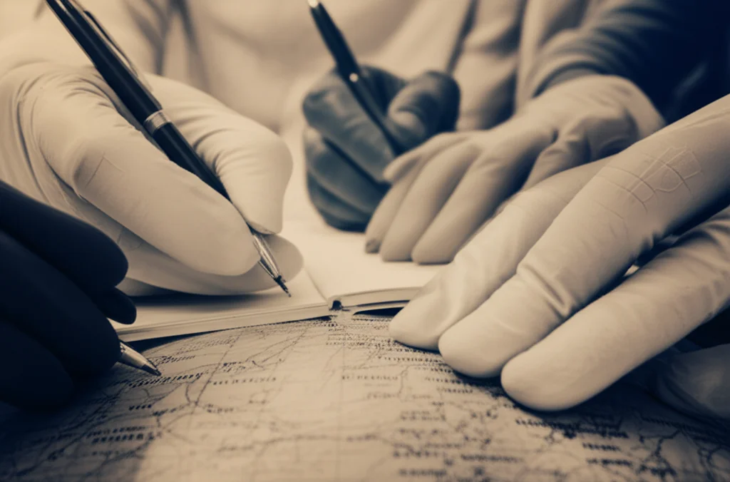 Immagine simbolica che rappresenta diverse mani, alcune con guanti per pulire e altre che scrivono, sovrapposte a un globo sfuocato, a simboleggiare il 'lavoro di pulizia' e le narrazioni nelle Relazioni Internazionali. Prime lens, 35mm, depth of field, duotone seppia e blu.