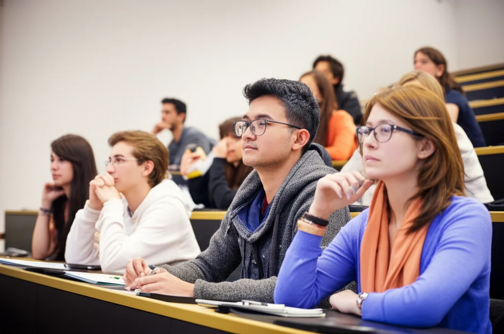People (portraits), Prime lens, 35mm, Depth of field, diverse group of university students sitting at desks in a lecture hall, looking engaged and thoughtful, capturing the academic environment.