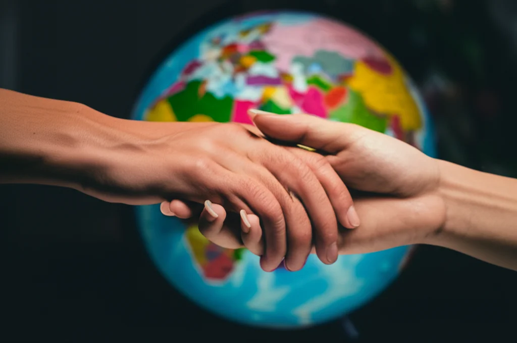 Primo piano di una mano che ne stringe un'altra con delicatezza, sullo sfondo sfocato un globo terrestre illuminato in modo non uniforme con aree più scure e più chiare a simboleggiare la distribuzione diseguale della sofferenza, fotografia macro, 85mm, illuminazione controllata laterale per creare contrasto, alta definizione, toni caldi e umani.