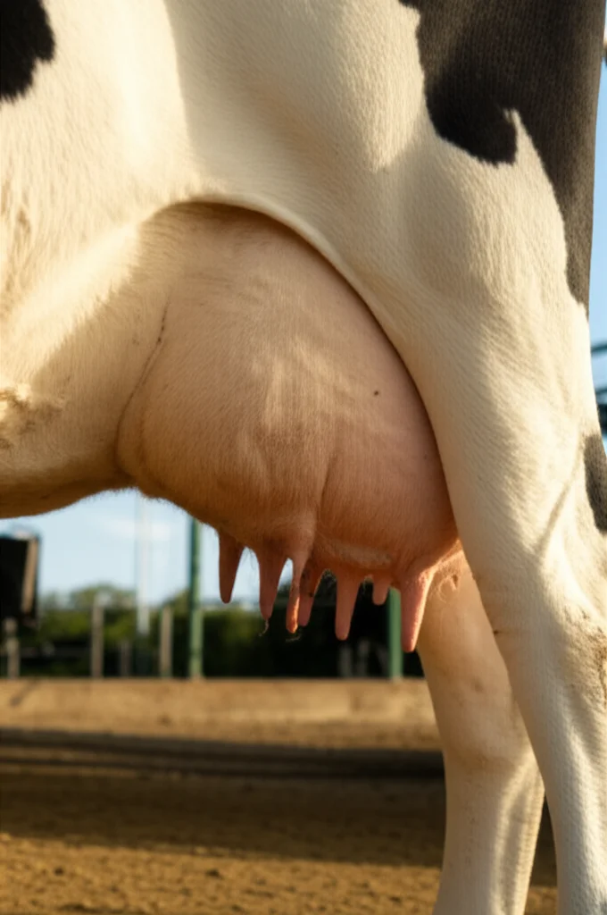 Primo piano di una mucca da latte frisona in un allevamento argentino, con particolare attenzione alla mammella sana. Obiettivo prime 35mm, profondità di campo per isolare il soggetto, luce naturale mattutina che esalta i dettagli del pelo e della pelle, sfondo leggermente sfocato della stalla pulita.