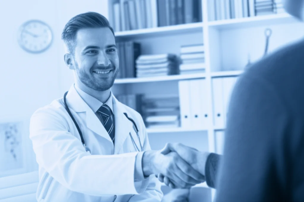 Un medico sorridente e rassicurante stringe la mano a un paziente in uno studio medico luminoso e accogliente. Alle loro spalle, una libreria con testi medici. 35mm portrait, duotone blu e grigio, profondità di campo.