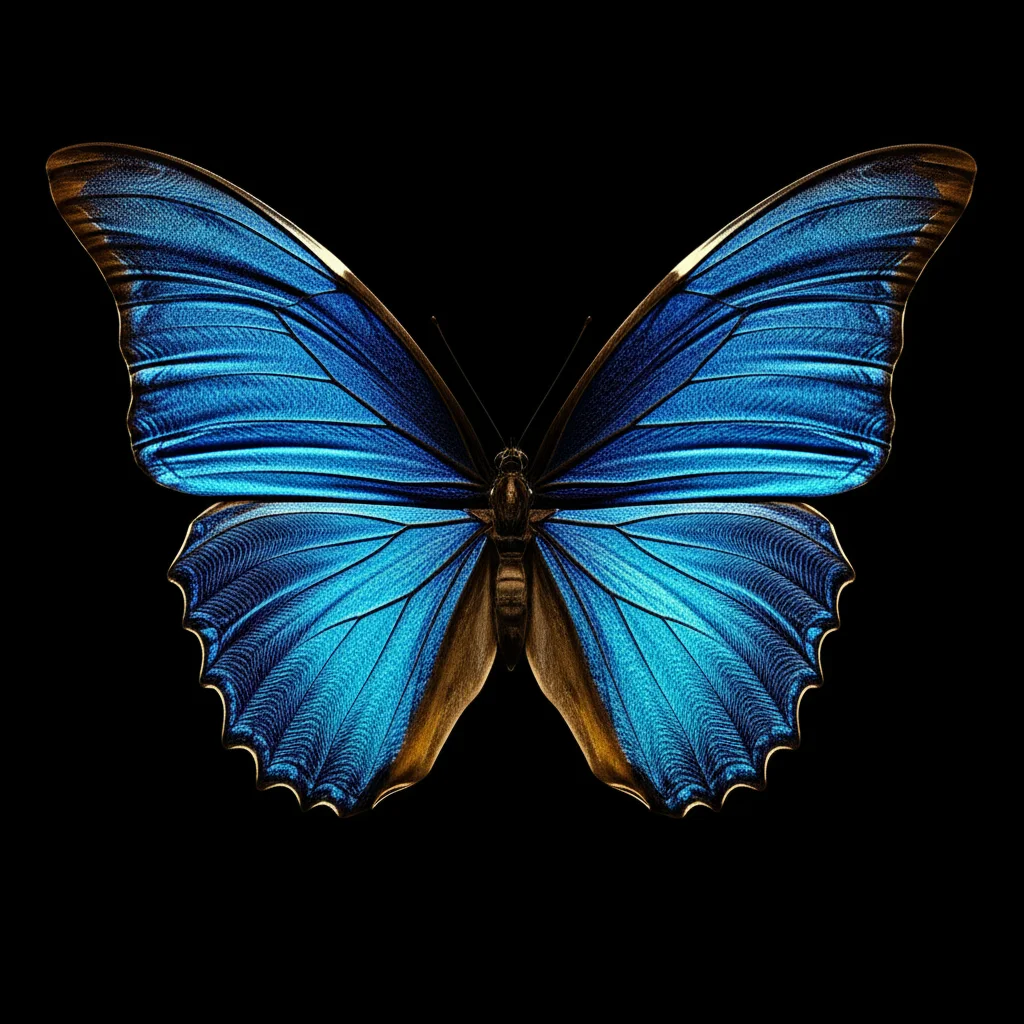 Una rappresentazione artistica della farfalla di Kohmoto, con pattern frattali complessi che si intersecano, colori vibranti come blu elettrico e oro fuso su sfondo nero cosmico. Dettagli ultra-nitidi, illuminazione da studio controllata, obiettivo macro 100mm, profondità di campo accentuata.