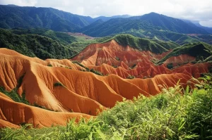 Veduta aerea di un paesaggio di calanchi estesi in Taiwan, con creste affilate e profonde incisioni che evidenziano l'erosione rapida. Obiettivo zoom 35mm, luce diffusa per dettaglio uniforme, alta risoluzione per texture del terreno, evidenziando l'impatto dell'attività tettonica.
