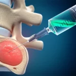 Visualizzazione 3D altamente realistica di un disco intervertebrale umano con un'ernia, accanto a una siringa che inietta delicatamente un gel trasparente (UPAL) nella zona danneggiata. Illuminazione da studio per evidenziare i dettagli anatomici e la texture del gel. Macro lens, 100mm, High detail, precise focusing.