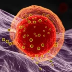 Visualizzazione 3D fotorealistica di una cellula cancerosa con lisosomi evidenziati in rosso brillante, che rilasciano particelle di ferro (piccole sfere dorate) per indurre la ferroptosi, con membrane cellulari parzialmente disgregate; dettagli molecolari visibili, illuminazione drammatica e cinematografica, obiettivo macro 100mm, profondità di campo che sfoca lo sfondo per concentrarsi sulla cellula.