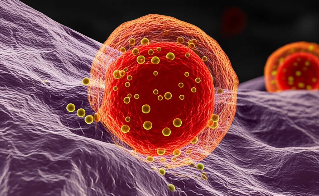 Visualizzazione 3D fotorealistica di una cellula cancerosa con lisosomi evidenziati in rosso brillante, che rilasciano particelle di ferro (piccole sfere dorate) per indurre la ferroptosi, con membrane cellulari parzialmente disgregate; dettagli molecolari visibili, illuminazione drammatica e cinematografica, obiettivo macro 100mm, profondità di campo che sfoca lo sfondo per concentrarsi sulla cellula.