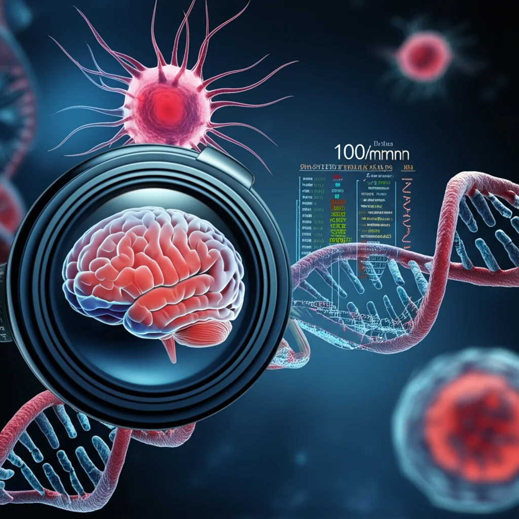A stylized illustration representing brain tumor cells alongside molecular markers like DNA strands, macro lens, 100mm, high detail, precise focusing, controlled lighting.