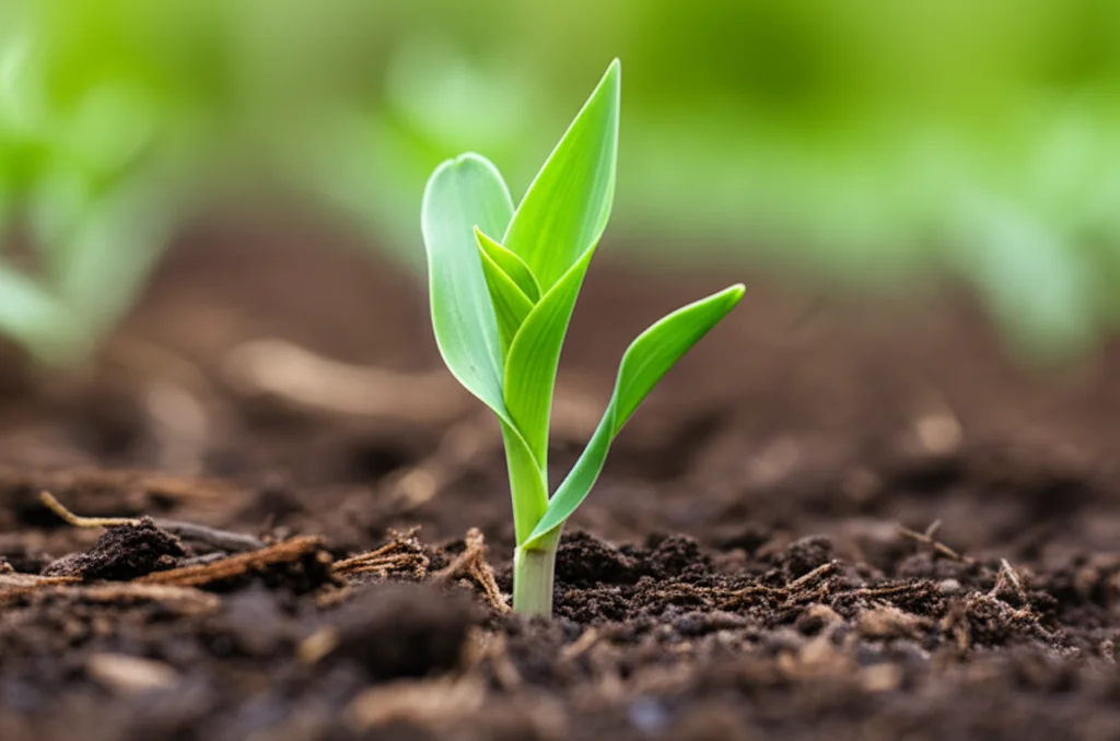 Healthy corn plant thriving in soil amended with compost, macro lens, 100mm, high detail, precise focusing, controlled lighting.