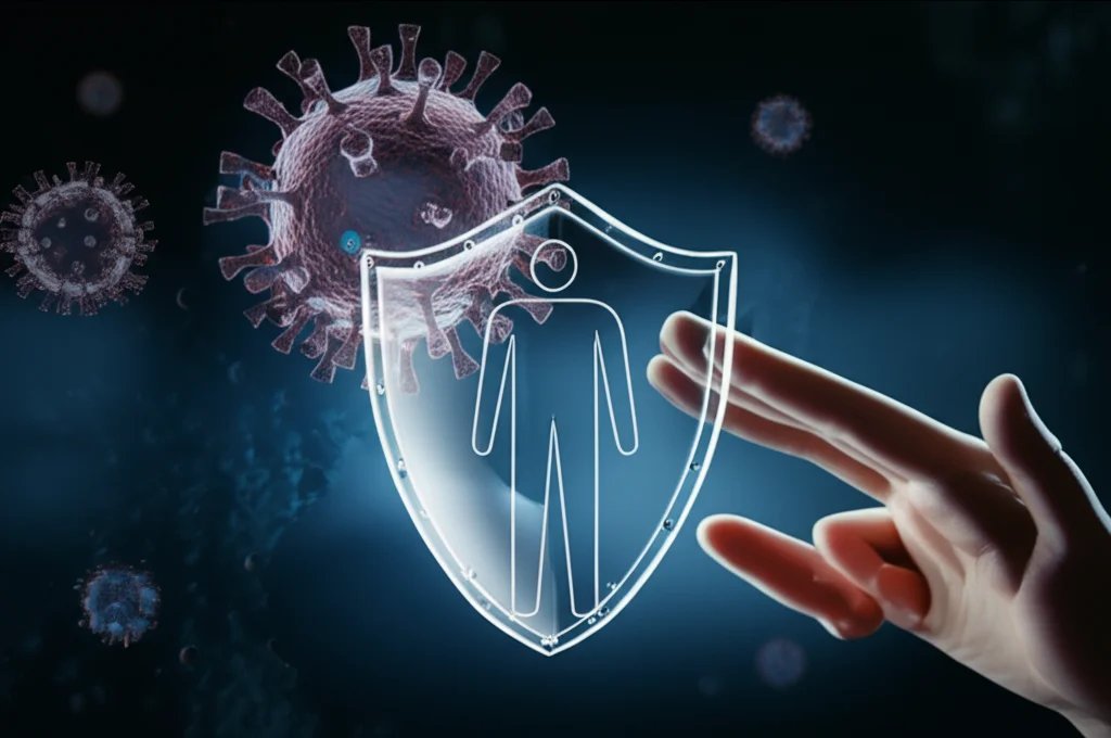 Immagine concettuale di uno scudo protettivo trasparente che devia particelle virali stilizzate da una figura umana stilizzata, simboleggiando la protezione del vaccino COVID-19 contro complicazioni come la fibromialgia. Luce drammatica, obiettivo 50mm, focus nitido sullo scudo.