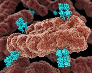Photorealistic image illustrating the molecular battleground within a cell. Show a protein (Las17) with multiple binding sites being contested by SH3 protein domains and actin monomers, symbolizing the competitive regulation of cellular structure. Use high detail, precise focusing, controlled lighting, macro lens, 100mm.