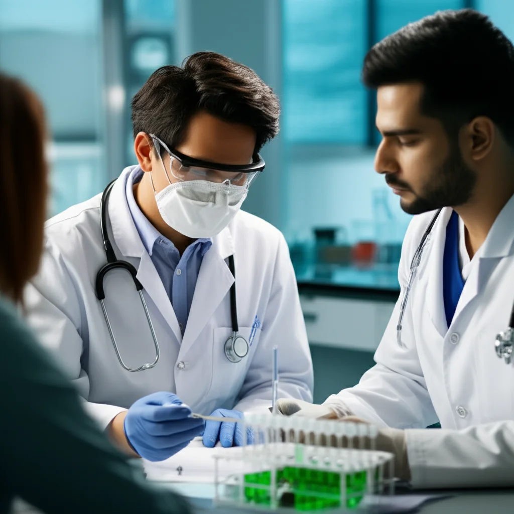 Photorealistic image of a scientist working with samples in a lab (Macro lens, 60mm, High detail) alongside a doctor discussing results with a patient (Portrait, 35mm, Depth of field).