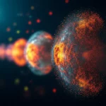 Primo piano di un diagramma di flusso astratto e luminoso che mostra il passaggio da dati disordinati (sinistra) a cluster colorati ben definiti (destra), rappresentando il processo di identificazione degli stati con il clustering fuzzy, obiettivo prime 35mm, profondità di campo ridotta, duotono blu e arancione brillante.