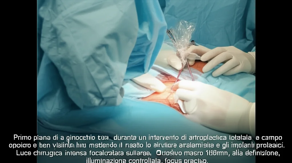 Primo piano di un ginocchio durante un intervento di artroplastica totale, il campo operatorio è esangue e ben visibile, mettendo in risalto le strutture anatomiche e gli impianti protesici. Luce chirurgica intensa focalizzata sull'area. Obiettivo macro 100mm, alta definizione, illuminazione controllata, focus preciso.
