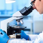 Ricercatore in un laboratorio di patologia che osserva al microscopio campioni di tessuto pancreatico colorati per l'immunoistochimica, con focus sulle mani guantate che regolano il microscopio. Lente prime, 50mm, profondità di campo, illuminazione da laboratorio controllata.